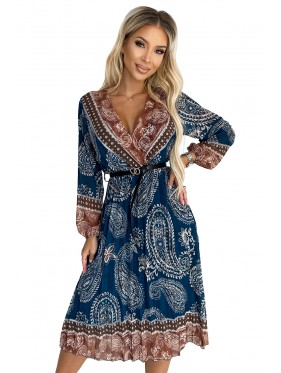 Φόρεμα 510-1 Pleated midi dress with a neckline blue and brown