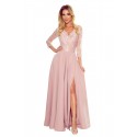 Φόρεμα 309-4 AMBER elegant lace long dress with a neckline - dirty pink