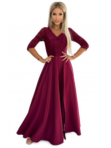 Φόρεμα 309-8 AMBER lace, elegant long dress with a neckline and leg slit - red