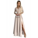 Φόρεμα 309-10 AMBER lace, elegant long dress with a neckline and leg slit - beige